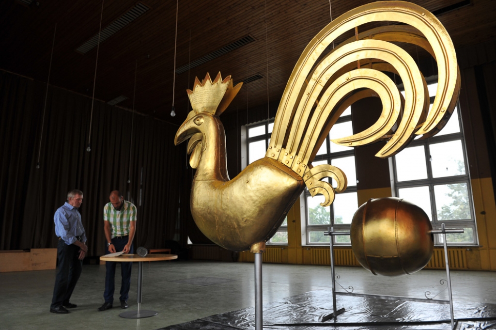 FOTO: 86 kilogramus smagais Rīgas Doma gailis nocelts apzeltīšanai