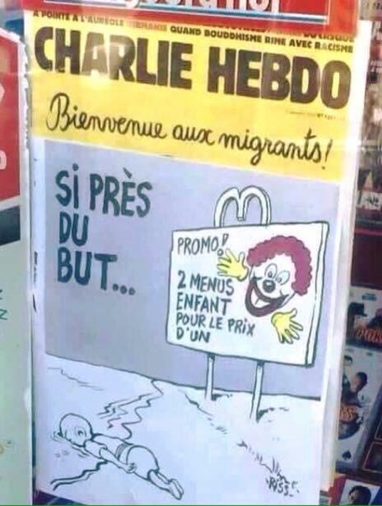Charlie Hebdo izpelnās asu kritiku par noslīkušā Sīrijas puisēna karikatūru