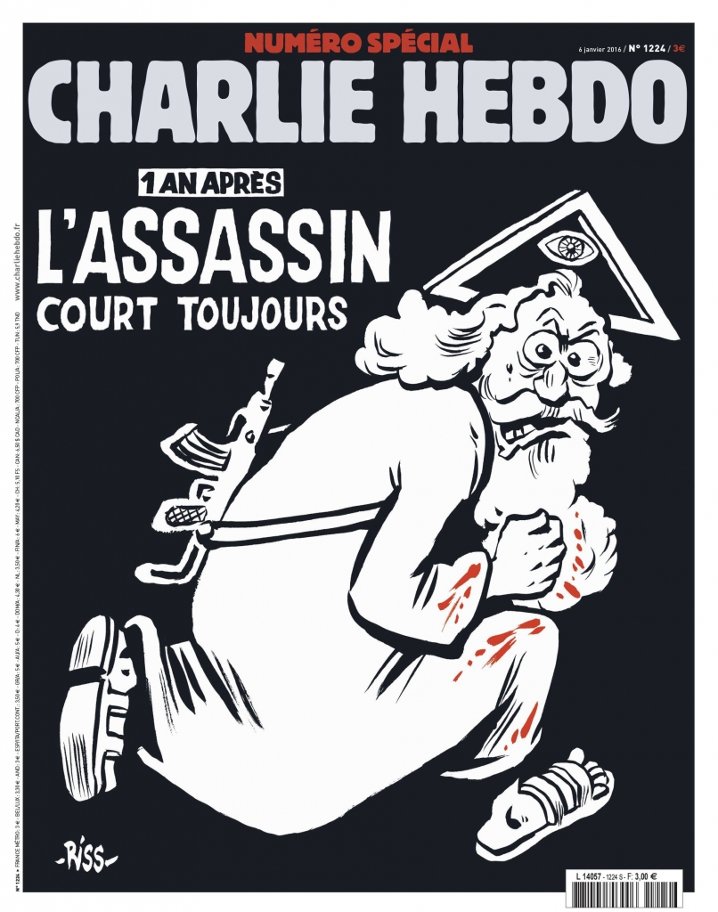 Uz Charlie Hebdo traģēdijas gadadienas numura vāka būs bārdains Dievs ar kalašņikovu