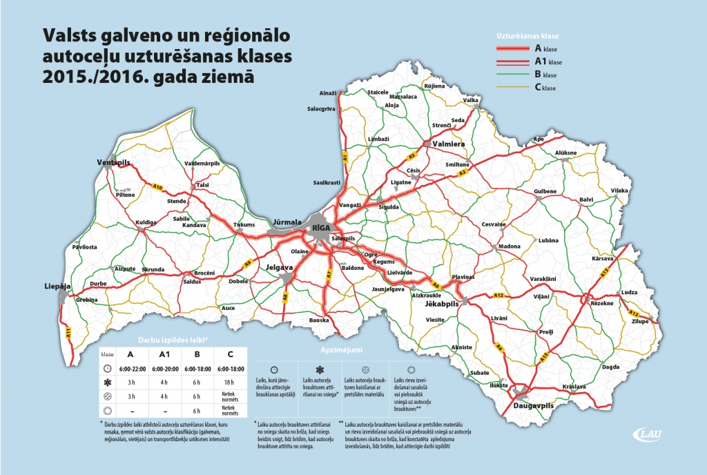 Puteņa laikā uz valsts galvenajiem autoceļiem pieļaujamais sniega biezums 6 cm vietām līdz 12 cm; autoceļu brauktuves pilnībā tiks attīrītas tikai pēc snigšanas beigām