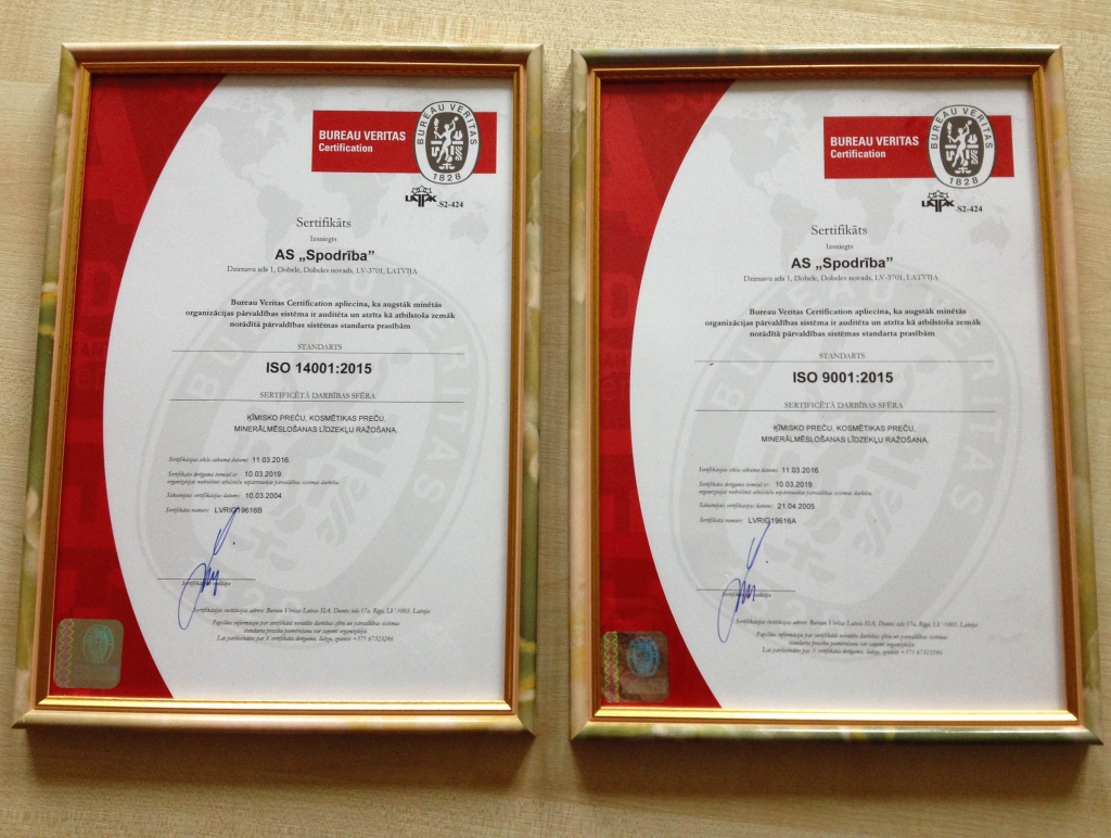 Spodrība pirmā Latvijā iegūst jaunās redakcijas ISO 14001:2015 sertifikātu