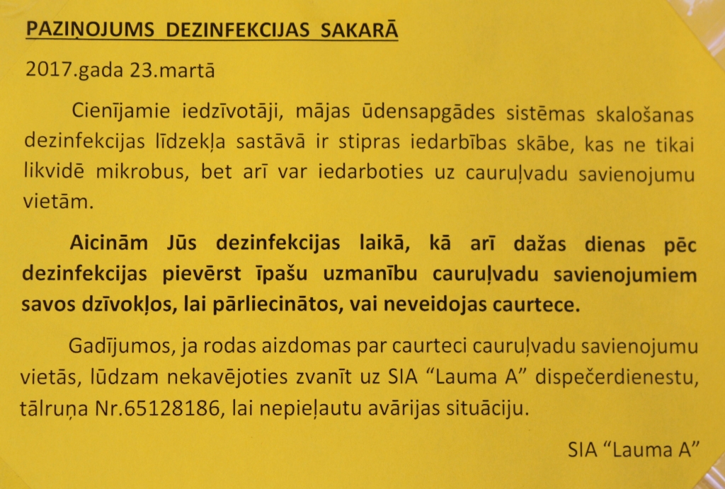 Aizkrauklē, Lāčplēša ielā 9, dezinficē mājas ūdensvadu