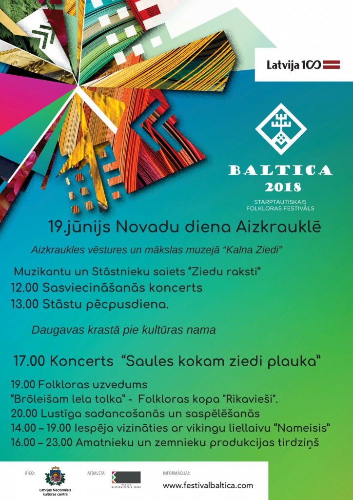 Aizkrauklē 19. jūnijā — folkloras festivāls “Baltica 2018” pasākumi!